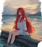  1girl ahoge cloud collarbone ishmael_(limbus_company) limbus_company long_hair long_sleeves mountainous_horizon ocean orange_hair outdoors pier project_moon shirt sitting solo sunset very_long_hair vvernerluniq wading white_shirt 