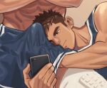  2boys abs averting_eyes bara bare_shoulders basketball_uniform blush brown_eyes brown_hair bulge bulge_to_face crossed_arms erection erection_under_clothes hand_under_clothes hand_under_shorts holding holding_phone lap_pillow male_focus multiple_boys muscular muscular_male nipples original pectorals phone recording selfie shoes short_hair shorts sleeveless smile smirk solo_focus sportswear thick_eyebrows topless_male upper_body yaoi youchi123 