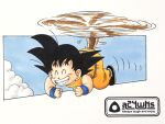  1boy a24wks artist_logo artist_name black_hair closed_eyes cloud commentary_request dougi dragon_ball dragon_ball_(classic) flying full_body grin helicopter_tail highres male_focus marker_(medium) monkey_tail official_style smile solo son_goku spinning tail toriyama_akira_(style) traditional_media wristband 