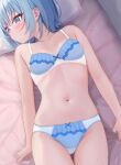  bed_sheet blue_bra blue_eyes blue_hair blue_panties blush bra breasts dutch_angle frilled_bra frilled_panties frills highres lying navel on_back original panties polka_dot polka_dot_bra polka_dot_panties polka_dot_underwear sheet_grab shooko short_hair sidelocks small_breasts solo underwear underwear_only 