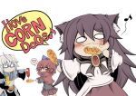  0_0 1boy 2girls animal_ears bow breasts brown_hair chibi commentary_request corn_dog covered_mouth eating english_text food glasses grey_hair hair_bow heart hidefu_kitayan highres holding holding_food imaizumi_kagerou ketchup long_hair morichika_rinnosuke multiple_girls mustard no_mouth red_eyes red_hair sekibanki short_hair simple_background spoken_heart touhou white_background wide_oval_eyes wolf_ears wolf_girl 