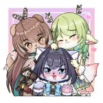  3girls amamii-amii animal_ears animal_hands biting blue_eyes blue_hair blush braid branch brown_eyes brown_hair cape cat_ears ceres_fauna ceres_fauna_(3rd_costume) chibi closed_eyes dog_ears dog_tail dress ear_biting feather_hair_ornament feathers furry green_hair hair_ornament heart hololive hololive_english horns hug leaf long_hair medium_hair multiple_girls nanashi_mumei nanashi_mumei_(1st_costume) ouro_kronii ouro_kronii_(1st_costume) ribbon smile snout tail 