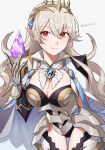  1girl breasts brooch cape cleavage commentary_request corrin_(female)_(fire_emblem) corrin_(fire_emblem) cowboy_shot crown dragonstone fire_emblem fire_emblem_fates grey_background grey_hair highres jewelry large_breasts long_hair peach11_01 pointy_ears red_eyes simple_background solo standing thighs very_long_hair white_cape 