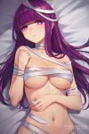  1girl bandaged_arm bandaged_chest bandaged_head bandages breasts cleavage closed_mouth fern_(sousou_no_frieren) highres large_breasts leonmandala long_hair looking_at_viewer lying naked_bandage navel on_back purple_eyes purple_hair solo sousou_no_frieren straight_hair 