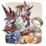  1boy :d arknights armor cat commentary_request drinking_straw felyne food holding holding_knife knife noir_corne_(arknights) open_mouth pauldrons plate rathalos_s_noir_corne_(arknights) shoulder_armor smile tanagawa_makoto terra_research_commission_(arknights) upper_body 