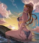  1girl absurdres adjusting_clothes adjusting_swimsuit andou_shuki aqua_sky arched_back arm_up ass backlighting bare_arms bare_legs bare_shoulders bikini blue_bikini blue_eyes blush braid breasts brown_hair cloud commentary_request dutch_angle evening feet_out_of_frame from_behind gradient_sky hair_between_eyes halterneck hand_on_own_head highres horizon idolmaster idolmaster_million_live! kousaka_umi long_hair looking_at_viewer looking_back medium_breasts ocean one_eye_closed open_mouth side_braid sidelocks sitting sky smile soaking_feet solo striped striped_bikini sun sunset surfboard swimsuit teeth twin_braids upper_teeth_only wet wet_hair yellow_sky 