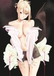  1girl bare_shoulders bat_wings black_background black_shorts black_wings blonde_hair blood blood_stain breasts cleavage collarbone commentary_request cowboy_shot demon_wings flower hair_between_eyes hands_on_own_thighs head_tilt henken highres jacket large_breasts long_hair long_sleeves looking_at_viewer navel no_bra off_shoulder open_clothes open_jacket original ponytail red_eyes rose short_shorts shorts sienna_(henken) simple_background single_wing sleeves_past_wrists slit_pupils smile solo thighs white_flower white_jacket white_rose wings 
