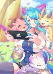  1girl absurdres blue_hair blue_sky breasts cloud dragalia_lost dragon_girl dragon_horns dragon_tail grass hair_between_eyes handheld_game_console highres holding holding_handheld_game_console horns jupiter_(dragalia_lost) kishgull large_breasts long_hair long_sleeves mercury_(dragalia_lost) midgardsormr_(dragalia_lost) multicolored_hair mym_(dragalia_lost) nintendo_switch open_mouth outdoors pink_hair playing_games shirt sitting sky tail thighhighs thighs zodiark_(dragalia_lost) 