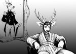  2023 anthro antlers armchair army_uniform black_and_white chair deer deer_admiral_(hladilnik) facial_hair furniture gradient_background hi_res hladilnik horn male mammal monochrome portrait_(object) sideburns simple_background sitting solo 