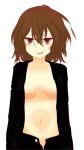  1girl black_pants black_shirt breasts brown_eyes brown_hair commentary_request hair_between_eyes i.u.y light_blush long_sleeves looking_at_viewer medium_breasts medium_hair misaka_worst navel no_bra no_panties open_clothes open_pants open_shirt pants shirt simple_background smile solo stomach toaru_majutsu_no_index tongue tongue_out upper_body white_background 