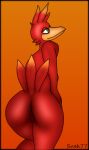  anthro anus avian banjo-kazooie beak bent_over big_butt bird breasts butt feathers female genitals green_eyes hand_on_hip head_feathers kazooie looking_away looking_back neutral_expression nipples presenting presenting_anus presenting_hindquarters presenting_pussy pussy raised_tail rareware red_body side_boob simple_background snek77 solo tail tail_feathers 