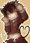  1girl :3 absurdres animal_ear_fluff animal_ear_piercing animal_ears brown_background brown_eyes brown_hair cat_ears cat_tail chen commentary_request cowboy_shot denpa_rasaito earrings fang flat_chest fur-trimmed_sleeves fur_trim heart heart_tail highres jewelry long_sleeves looking_at_viewer medium_bangs messy_hair midriff multiple_tails navel no_headwear open_mouth outie_navel paw_pose red_shirt red_skirt shirt short_hair skirt smile solo tail touhou two_tails 