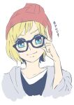  1girl adjusting_eyewear alternate_hair_length alternate_hairstyle ayase_eli beanie blonde_hair blue_eyes collarbone commentary_request glasses grey_hoodie hat head_tilt hood hoodie kashikaze long_hair love_live! love_live!_school_idol_project nanjou_yoshino red_headwear shirt short_hair simple_background smile solo translated upper_body voice_actor_connection white_background white_shirt 