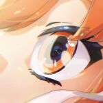  1girl a.i._voice adachi_rei android artificial_eye close-up english_text eye_focus eyelashes from_side gleam hair_ribbon halftone highres lens_eye looking_ahead mechanical_eye orange_hair reakaki ribbon sidelighting solo text_in_eyes utau white_ribbon 