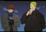  2boys achilles_(fate) black_gloves black_jacket blue_scarf brown_eyes brown_hair cappuccino closed_mouth coat coffee drawstring drinking facial_hair fate/grand_order fate_(series) gloves goatee green_hair grey_coat hand_in_pocket hector_(fate) highres hood hooded_jacket jacket male_focus mogula71 multiple_boys one_eye_closed orange_eyes parted_lips ponytail scarf short_hair twitter_username winter 