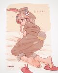  1girl :o animal_hood animal_slippers artist_name barefoot bed_sheet brown_eyes bunny_slippers colored_inner_hair commentary_request feet from_behind full_body grey_hair hair_between_eyes highres hood hood_up huge7531 long_hair long_sleeves looking_at_viewer lying multicolored_hair on_side onii-chan_wa_oshimai! open_mouth oyama_mahiro pink_hair rabbit_hood rabbit_tail slippers soles solo tail toes twitter_username two-tone_hair 