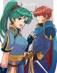  1boy 1girl blue_cape blue_dress blue_eyes cape dress eliwood_(fire_emblem) fingerless_gloves fire_emblem fire_emblem:_the_blazing_blade gloves green_eyes green_hair grey_background hand_up highres kiriya_(552260) looking_at_viewer lyn_(fire_emblem) ponytail red_hair simple_background smile sword weapon 