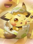  brown_eyes egg eggshell hakkentai_pokedan hatching highres holding holding_egg looking_at_another no_humans one_eye_closed open_mouth pichu pikachu pokemon pokemon_(creature) raichu signature smile 