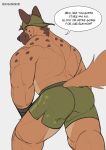  absurd_res anthro back_muscles black_nose bottomwear brown_body brown_fur butt clothing dialogue english_text fur furgonomic_bottomwear furgonomic_headwear hat head_tuft headgear headwear hi_res hyena looking_at_viewer looking_back male mammal markings muscular muscular_anthro muscular_male rear_view shirtless shirtless_anthro shirtless_male shorts shugggie shuggie_the_hyena simple_background smile solo speech_bubble spots spotted_markings star tail tail_tuft talking_to_viewer text tuft white_background 