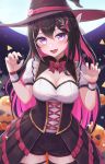  1girl absurdres azki_(hololive) black_hair blush braid breasts cleavage cleavage_cutout clothing_cutout colored_inner_hair dress fang french_braid full_moon halloween halloween_costume hat highres hololive jack-o&#039;-lantern large_breasts long_hair looking_at_viewer moon multicolored_hair open_mouth pink_hair pumpkin purple_dress purple_eyes purple_headwear purple_shorts purple_thighhighs shirt shorts skin_fang smile solo streaked_hair thigh_strap thighhighs typho virtual_youtuber white_shirt witch_hat 