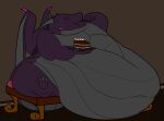  3_toes 5_fingers anthro cake claws crocsinsocks dessert dragon eating feet fingers food grey_claws grey_horn hi_res horn huge_belly inside male navel obese obese_anthro obese_male overweight overweight_anthro overweight_male purple_body sitting solo toes wings 