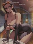  1girl black_dress black_gloves black_hair blue_eyes blurry blurry_background breasts collarbone dress earrings elbow_gloves english_text eyewear_on_head forehead gloves highres jewelry large_breasts lips long_hair looking_at_viewer nico_robin one_piece patreon_username shexyo smile solo sunglasses thighs 