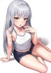  1girl bang_dream! bare_shoulders blue_shorts blush breasts camisole collarbone grey_hair lambda_(kusowarota) long_hair looking_at_viewer minato_yukina navel open_mouth short_shorts shorts sidelocks sitting small_breasts solo thighs white_camisole yellow_eyes 