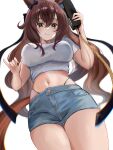  1girl absurdres animal_ears blue_eyes bow breasts brown_hair closed_mouth commentary cowboy_shot cropped_shirt denim denim_shorts ear_bow grey_shirt hair_between_eyes highres holding holding_phone horse_ears horse_girl horse_tail large_breasts long_hair maruzensky_(umamusume) midriff navel phone shirt short_sleeves shorts smile solo tail umainu_2002 umamusume very_long_hair 