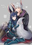  1boy 1girl ameno_(a_meno0) animal_ears armor black_pants black_robe black_sweater blue_cape blue_eyes blue_footwear blue_gloves blue_hair blush boots brown_eyes cape closed_mouth commentary_request dress fingerless_gloves fire_emblem fire_emblem_awakening gloves grey_background hair_between_eyes hood hood_down hooded_robe kemonomimi_mode long_hair long_sleeves lucina_(fire_emblem) pants pauldrons rabbit_ears rabbit_tail red_cape ribbed_dress robe robin_(fire_emblem) robin_(male)_(fire_emblem) short_hair shoulder_armor simple_background sitting smile sweater tail tiara touching_tail turtleneck turtleneck_sweater two-tone_cape white_hair white_pants wolf_ears wolf_tail 