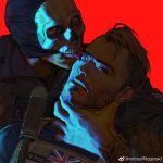  2boys artist_request bara beard black_hair bulletproof_vest call_of_duty:_modern_warfare_2 facial_hair ghost_(modern_warfare_2) highres licking licking_eye looking_at_viewer male_focus mask mask_lift mature_male multiple_boys one_eye_closed red_background red_eyes short_hair skull_mask soap_(modern_warfare_2) tongue tongue_out union_jack union_jack_print upper_body yaoi 