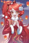  1girl :d blurry blurry_background bow china_dress chinese_clothes chinese_new_year chun_(xiao_huaxian) cotton_ball dress flower fur-trimmed_dress fur_trim hair_bow hair_flower hair_ornament highres kumu_zaisheng lantern lantern_earrings looking_at_viewer night night_sky palm-fist_greeting paper_lantern pointy_ears ponytail rabbit_hair_ornament red_bow red_dress red_hair red_lips red_nails sky sky_lantern smile solo swept_bangs teeth upper_body white_flower xiao_huaxian yellow_eyes 