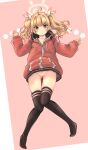  1girl ahoge ass_visible_through_thighs bar_censor black_thighhighs blonde_hair blue_archive blush bottomless censored closed_mouth collarbone commentary_request full_body halo highres hood hood_down hooded_jacket jacket knees_together_feet_apart long_sleeves looking_at_viewer makita_yoshiharu pussy red_jacket sidelocks solo thighhighs twintails yellow_eyes yellow_halo yoshimi_(blue_archive) 