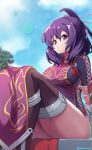  1girl absurdres ao_no_kiseki assassin breasts eiyuu_densetsu falcom from_below hair_ribbon hajimari_no_kiseki highres kuro_no_kiseki large_breasts looking_at_viewer medium_hair naisu_(nai_su01) purple_eyes purple_hair revealing_clothes ribbon rixia_mao sen_no_kiseki sitting sky sun thick_thighs thighs zero_no_kiseki 