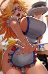 1girl ahoge apron bare_hips bare_shoulders blonde_hair blue_eyes blue_hair blurry blurry_background brand_name_imitation breasts contrapposto cowboy_shot eye_mask frilled_apron frills from_below fujioka_yatsufusa highres holding holding_tray indoors kamen_america kamen_america_(comic) large_breasts long_hair looking_at_viewer naked_apron open_mouth parted_bangs reaching reaching_towards_viewer sideboob smile solo star_(symbol) superhero tray 