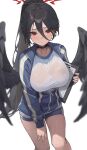  1girl absurdres black_hair black_wings blue_archive blue_jacket blue_shorts blush breasts choker collarbone hair_between_eyes halo hasumi_(blue_archive) hasumi_(track)_(blue_archive) highres jacket large_breasts long_hair long_sleeves looking_at_viewer mole mole_under_eye namake_(nmk44300) official_alternate_costume red_eyes red_halo see-through shorts simple_background solo track_jacket very_long_hair white_background wings 
