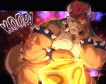  2023 abstract_background anthro armband barazoku biceps big_muscles black_border border bowser bracelet claws collar convenient_censorship english_text eyebrows hair hi_res horn huge_muscles icecreamtiger jewelry koopa looking_at_viewer male mario_bros muscular muscular_anthro muscular_male nintendo nude pecs scalie simple_background sitting smile solo spiked_armband spiked_bracelet spiked_collar spiked_tail spikes spikes_(anatomy) teeth text thick_thighs 