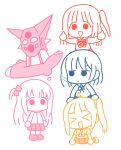  &gt;_&lt; 4girls ahoge bocchi_the_rock! chibi cube_hair_ornament getter_robo gotou_hitori hair_ornament hairclip highres human_tower ijichi_nijika kita_ikuyo long_hair multiple_girls official_style pleated_skirt side_ponytail simple_background skirt stacking take_shinobu thought_bubble white_background yamada_ryou 