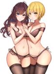  2girls absurdres ahoge ass_visible_through_thighs asymmetrical_docking bare_shoulders black_bra black_thighhighs blonde_hair blush bra breast_press breasts brown_hair commission cowboy_shot frilled_panties frills green_eyes hand_on_another&#039;s_shoulder heart heart-shaped_pupils highleg highleg_panties highres holding_hands ichinose_shiki idolmaster idolmaster_cinderella_girls interlocked_fingers long_hair looking_at_viewer miyamoto_frederica multiple_girls navel nyome991 panties parted_lips pixiv_commission short_hair side-by-side side-tie_panties simple_background skindentation symbol-shaped_pupils thigh_gap thighhighs thighs underwear underwear_only 