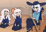  3girls black_hakama blue_hakama bokken centurii-chan_(artist) chair crossed_legs dojo hakama hakama_skirt hat highres japanese_clothes kendo multiple_girls on_chair original rapier-chan_(centurii) scar scar_across_eye seiza shinai sitting skirt surprised sword weapon wooden_floor wooden_sword 