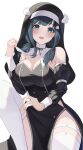  1girl amano_nene_(vtuber) amano_nene_(vtuber)_(2nd_costume) bare_shoulders black_dress black_sleeves black_veil blue_eyes blue_hair blunt_bangs blush breasts cleavage collar_lift cowboy_shot curvy dark_blue_hair detached_collar detached_sleeves dress habit high_collar highres impossible_clothes impossible_dress jewelry juliet_sleeves knee_up large_breasts long_dress long_sleeves looking_at_viewer low_twintails necklace nun official_alternate_costume official_alternate_hairstyle open_mouth pelvic_curtain production_kawaii puffy_sleeves side_slit simple_background sleeve_cuffs sleeve_garter solo strapless strapless_dress swept_bangs taut_clothes taut_dress thick_thighs thigh_strap thighhighs thighs twintails tyabesu veil virtual_youtuber white_background white_thighhighs wide_hips wing_hair_ornament 