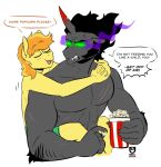  anthro anthrofied bite_mark black_hair blush braeburn_(mlp) cross-popping_vein dialogue earth_pony english_text equid equine fangs food friendship_is_magic fur glowing glowing_eyes green_eyes grey_body grey_fur hair hasbro horn horse king_sombra_(mlp) male male/male mammal my_little_pony pony popcorn redxbacon scar simple_background teeth text umbrum white_background yellow_body yellow_fur 