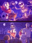  1other 2boys androgynous bone boots bright_pupils brown_hair closed_eyes colored_sclera frisk_(undertale) gloves grin highres hollow_mouth hood hoodie korokor59513559 long_sleeves monster_boy multiple_boys papyrus_(undertale) ribs sans scarf shirt short_hair shorts skeleton skull smile spine striped striped_shirt striped_sweater sweater teeth undead undertale white_pupils 