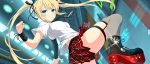  1girl arm_guards belt black_belt black_footwear black_nails black_necktie black_ribbon blonde_hair blue_eyes blush boots breasts buttons ceiling ceiling_light dead_or_alive dead_or_alive_xtreme fishnet_thighhighs fishnets garter_straps hair_ribbon high_heel_boots high_heels indoors industrial_pipe looking_at_viewer marie_rose miniskirt necktie official_art plaid plaid_skirt pleated_skirt red_footwear ribbon senran_kagura senran_kagura_new_link shirt single_wrist_guard skirt small_breasts smile solo standing standing_on_one_leg thigh_strap thighhighs twintails two-tone_footwear white_shirt wrist_guards yaegashi_nan 