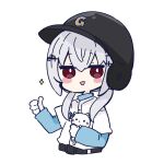  1girl :d baseball_helmet baseball_uniform belt belt_buckle black_belt black_headwear blue_shirt blush_stickers buckle chibi commentary_request cropped_torso grey_hair hair_between_eyes hair_ornament hairclip hakase_fuyuki helmet highres holding layered_sleeves long_hair long_sleeves looking_at_viewer nijisanji nozo_(hitomiz) red_eyes shirt short_over_long_sleeves short_sleeves simple_background smile solo sparkle sportswear thumbs_up upper_body virtual_youtuber white_background white_shirt 