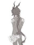  1boy animal_ears arknights arms_behind_back black_hair bouquet bow ebenholz_(arknights) epaulettes facing_away flower from_behind greyscale hair_bow highres holding holding_bouquet horns jacket long_hair male_focus monochrome pants rio_(rio773) simple_background solo tail tail_through_clothes very_long_hair white_background 