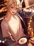  1boy :d arm_up blonde_hair blue_jacket blush city_lights collarbone commentary_request crossed_bangs cup dutch_angle eyelashes food genshin_impact hair_between_eyes highres indoors jacket jewelry kaveh_(genshin_impact) long_hair long_sleeves looking_at_viewer male_focus necklace night off_shoulder open_clothes open_jacket open_mouth parted_bangs plate pponnya red_eyes round_teeth shirt short_sleeves sidelocks smile solo string_of_light_bulbs t-shirt table teeth tongue upper_body watch white_shirt window wristwatch 