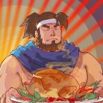  1boy bara beard bucephalus.tvt character_request chicken_(food) facial_hair food headband holding holding_plate large_pectorals male_focus muscular muscular_male nipples pectorals plate ponytail scarf short_hair smelling solo thick_eyebrows topless_male upper_body 