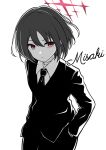  1girl alternate_costume black_necktie black_suit blue_archive formal generic_33 greyscale halo highres looking_at_viewer misaki_(blue_archive) monochrome necktie simple_background solo suit white_background 