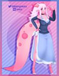  3d_(artwork) anthro big_tail breasts cleavage clothed clothing digital_media_(artwork) dragon dress gesture gynomorph_(lore) hair hand_on_hip hi_res hoodie horn lychee_gumi ponytail risingvexx simple_background solo sweater tail topwear v_sign vrchat vrchat_model 