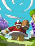  1boy blue_sky carrying_over_shoulder cloud flower from_behind gloves grass hammer highres holding holding_hammer king_dedede kirby_(series) male_focus no_humans omanju pom_pom_(clothes) red_flower sky solo star_(symbol) tree walking yellow_gloves 